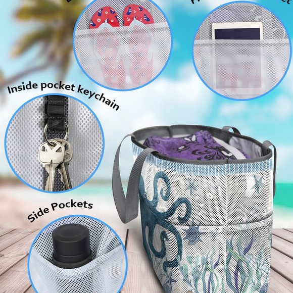 Large Octopus Patterned 7 Pocket Mesh Sand-Proof Beach Bag - Picture 4 of 5